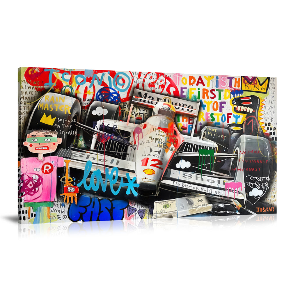 Fast F1 Wall Art : Large Colorful Graffiti Print or Framed Canvas Artwork for Modern Living Room, Dining Room and Bedroom