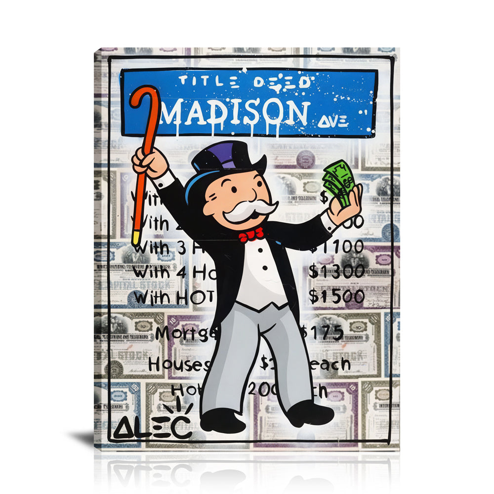 Monopoly Cash Madison Ave Wall Art: Large Colorful Graffiti Print or Framed Canvas Painting for Modern Living Rooms, Dining Rooms and Bedrooms