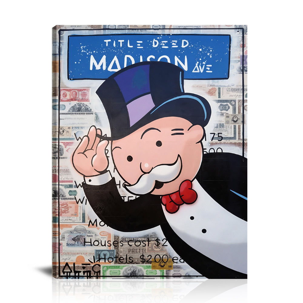 Monopoly Tipping Hat Madison Ave Wall Art: Large Colorful Graffiti Print or Framed Canvas Painting for Modern Living Rooms, Dining Rooms and Bedrooms