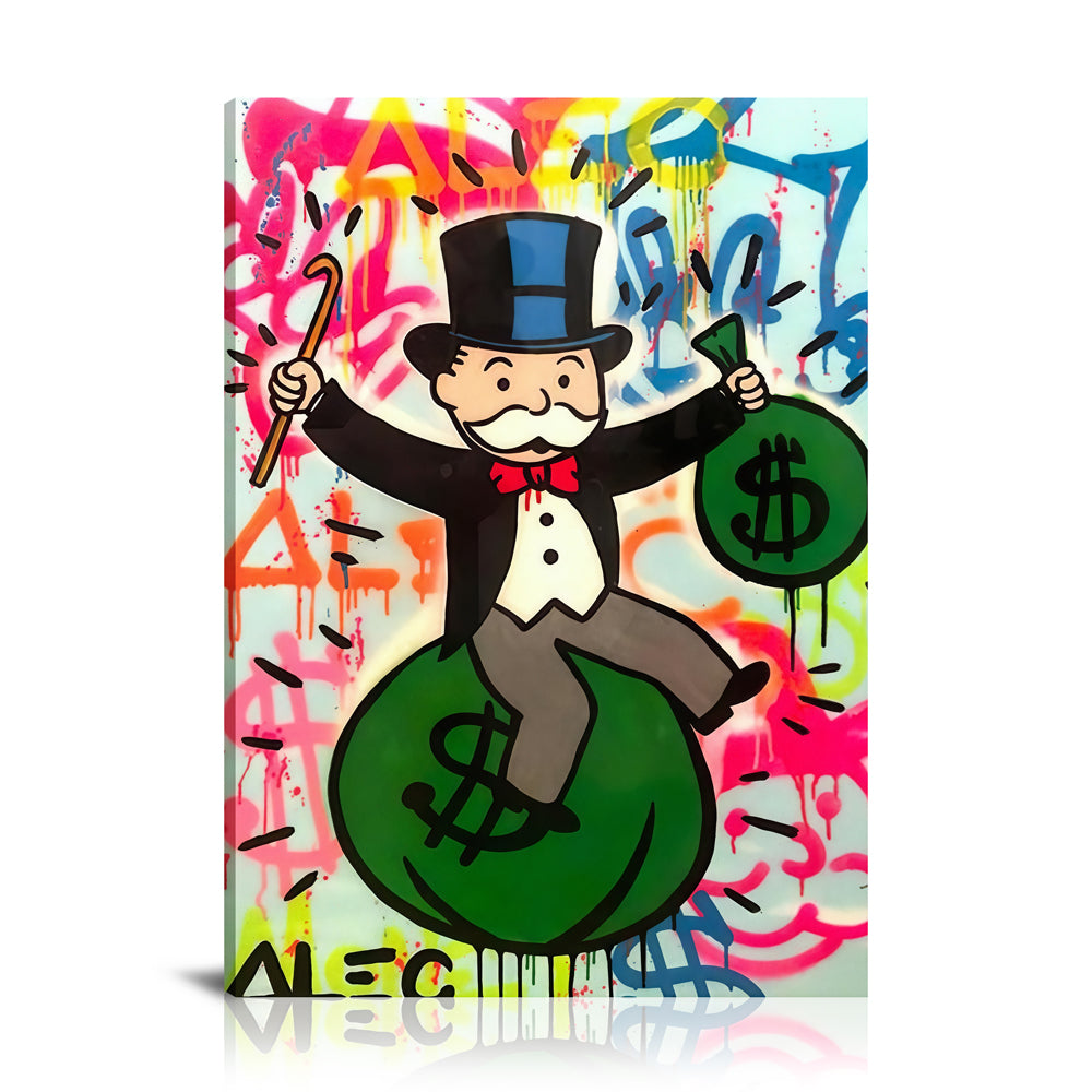 Rich Uncle On Money Bag Wall Art: Large Colorful Graffiti Print or Framed Canvas Painting for Modern Living Rooms, Dining Rooms and Bedrooms