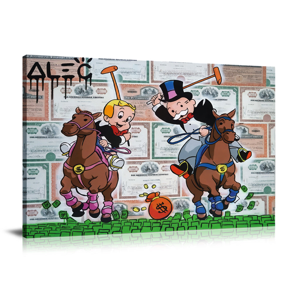 Richie & Monopoly $ Polo Match Wall Art : Large Colorful Graffiti Print or Framed Canvas Artwork for Modern Living Room, Dining Room and Bedroom