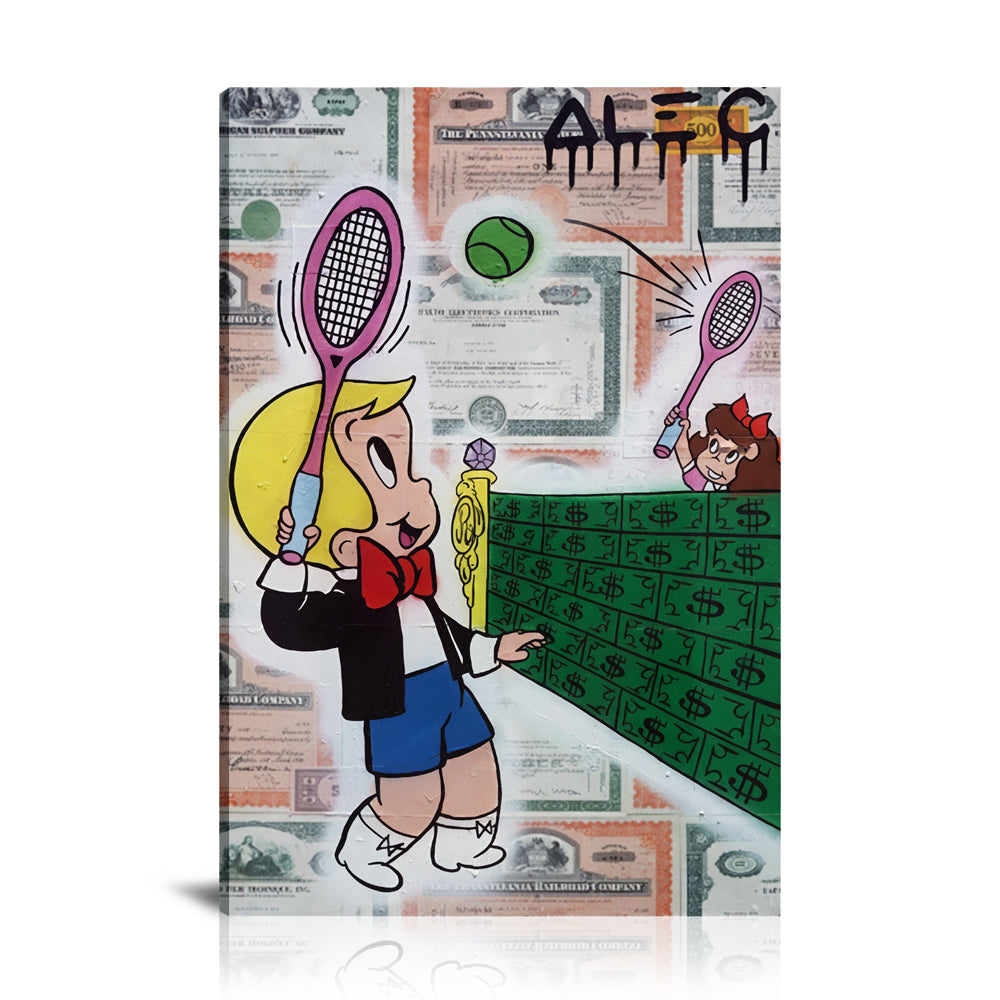 Richie Tennis Match Date Over $ Net Wall Art : Large Colorful Graffiti Print or Framed Canvas Artwork for Modern Living Room, Dining Room and Bedroom