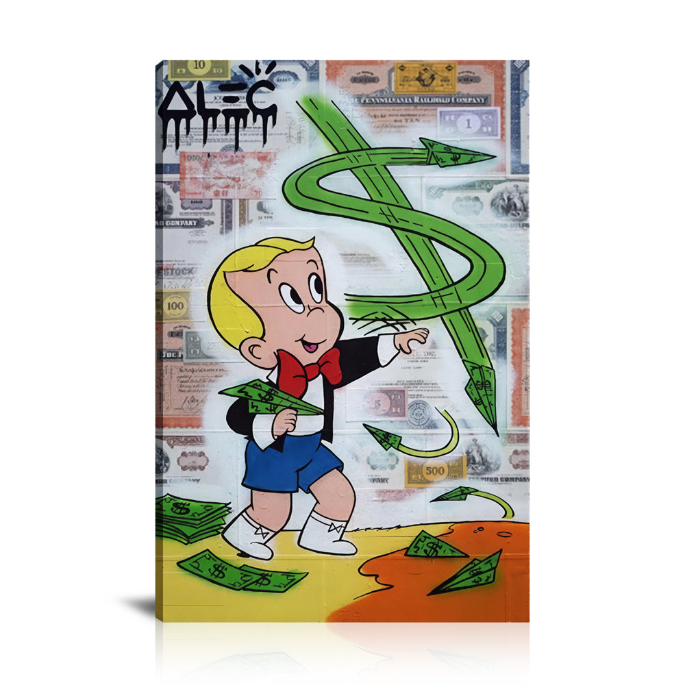 Richie Throwing $ Paper Airplanes Wall Art: Large Colorful Graffiti Print or Framed Canvas Painting for Modern Living Rooms, Dining Rooms and Bedrooms