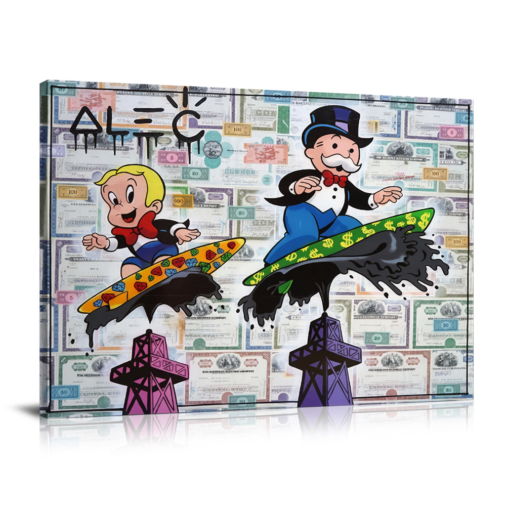 Richie and Monopoly Surfing on Oil Wall Art: Large Colorful Graffiti Print or Framed Canvas Painting for Modern Living Rooms, Dining Rooms and Bedrooms