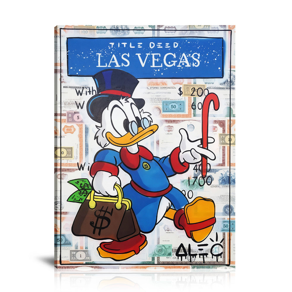 Scrooge Holding Bag Las Vegas Wall Art: Large Colorful Graffiti Print or Framed Canvas Painting for Modern Living Rooms, Dining Rooms and Bedrooms