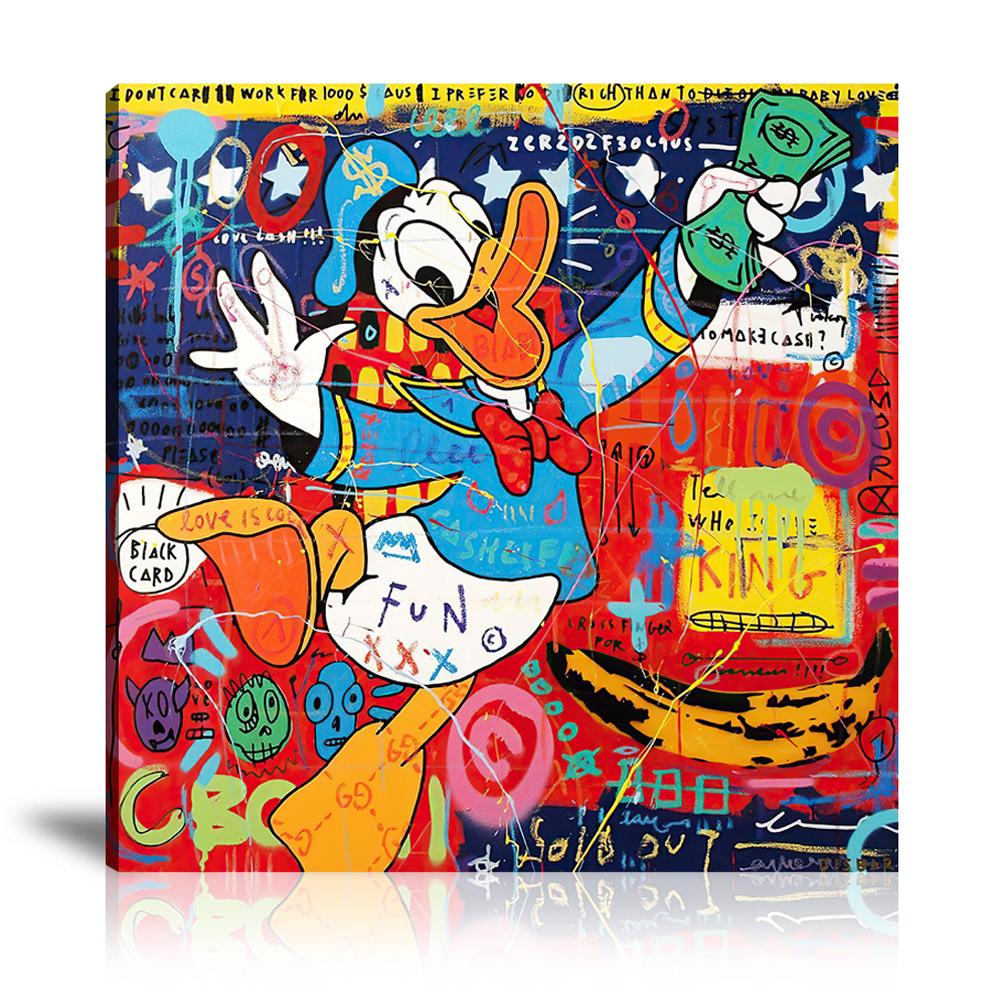 Street Art, Prints, Pop Art, Paintings, Canvas, Art, Jisbar, Donald Duck, King, Fun, Dollar, Money, Cash, Black Card, King, Colorful, Banana