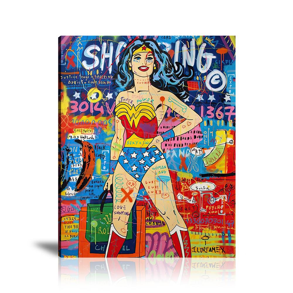 Wonder Woman Shopping Bags Wall Art: Large Colorful Graffiti Print or Framed Canvas Painting for Modern Living Rooms, Dining Rooms and Bedrooms