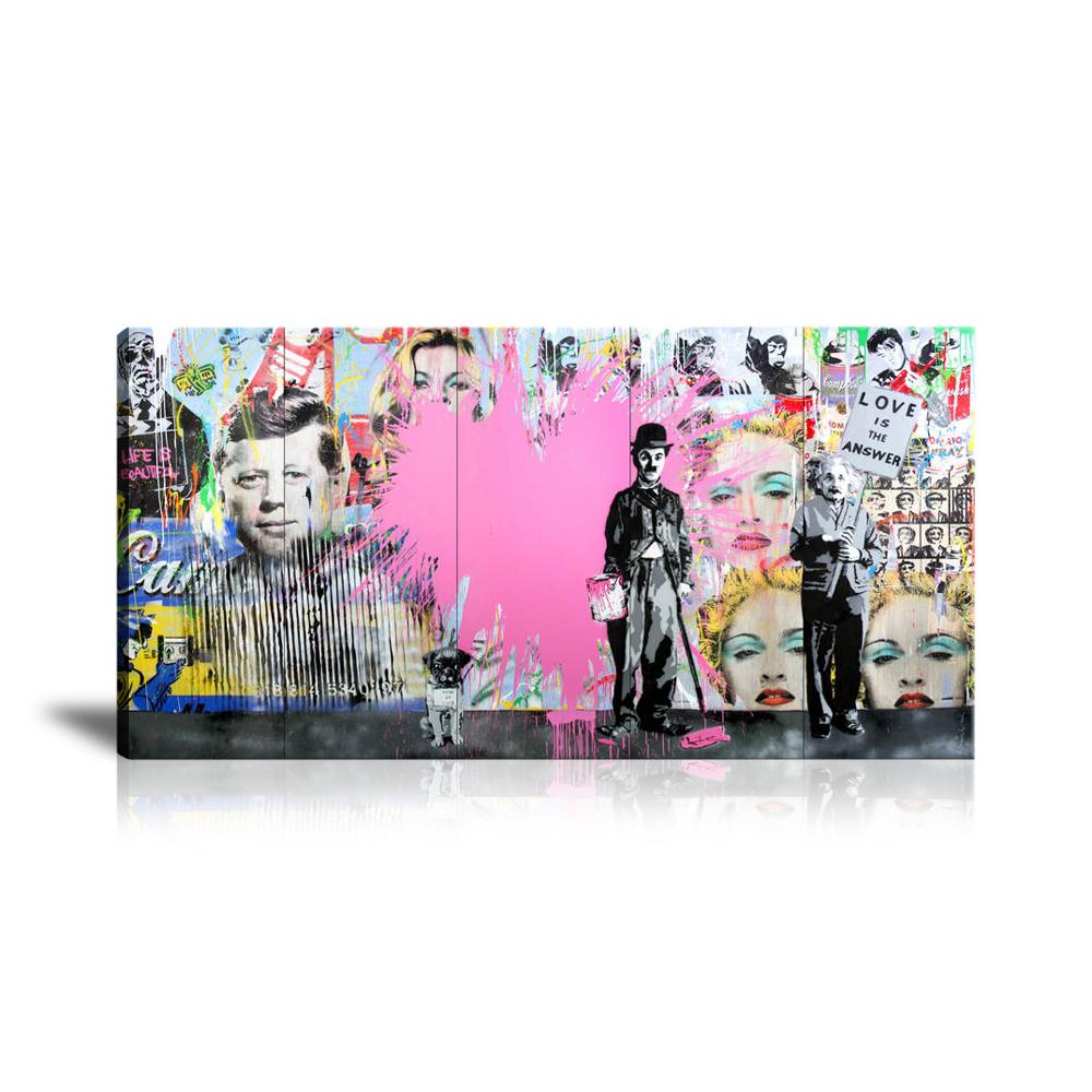 Chaplin & Einstein Love Is The Answer Wall Art: Large Colorful Graffiti Print or Framed Canvas Painting for Modern Living Rooms, Dining Rooms and Bedrooms