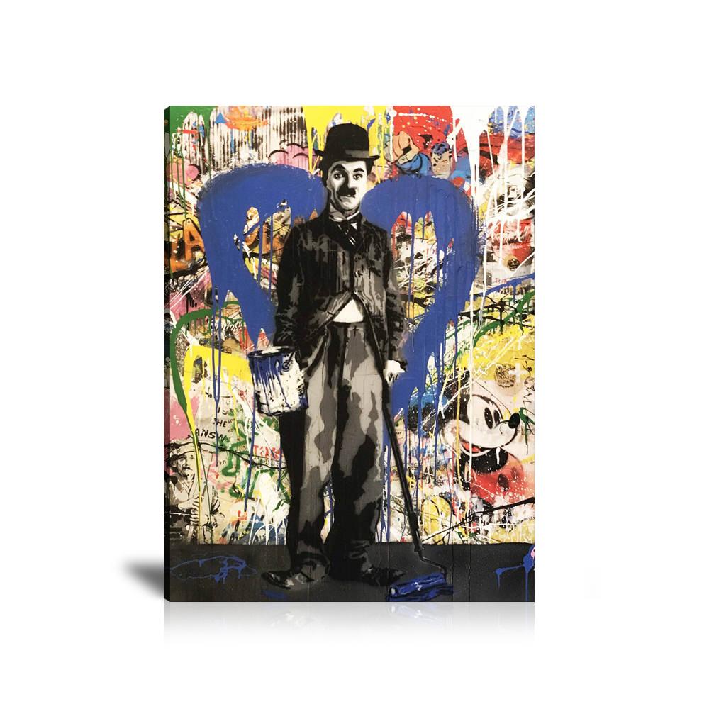 Charlie Chaplin Blue Heart Wall Art: Large Colorful Graffiti Print or Framed Canvas Painting for Modern Living Rooms, Dining Rooms and Bedrooms