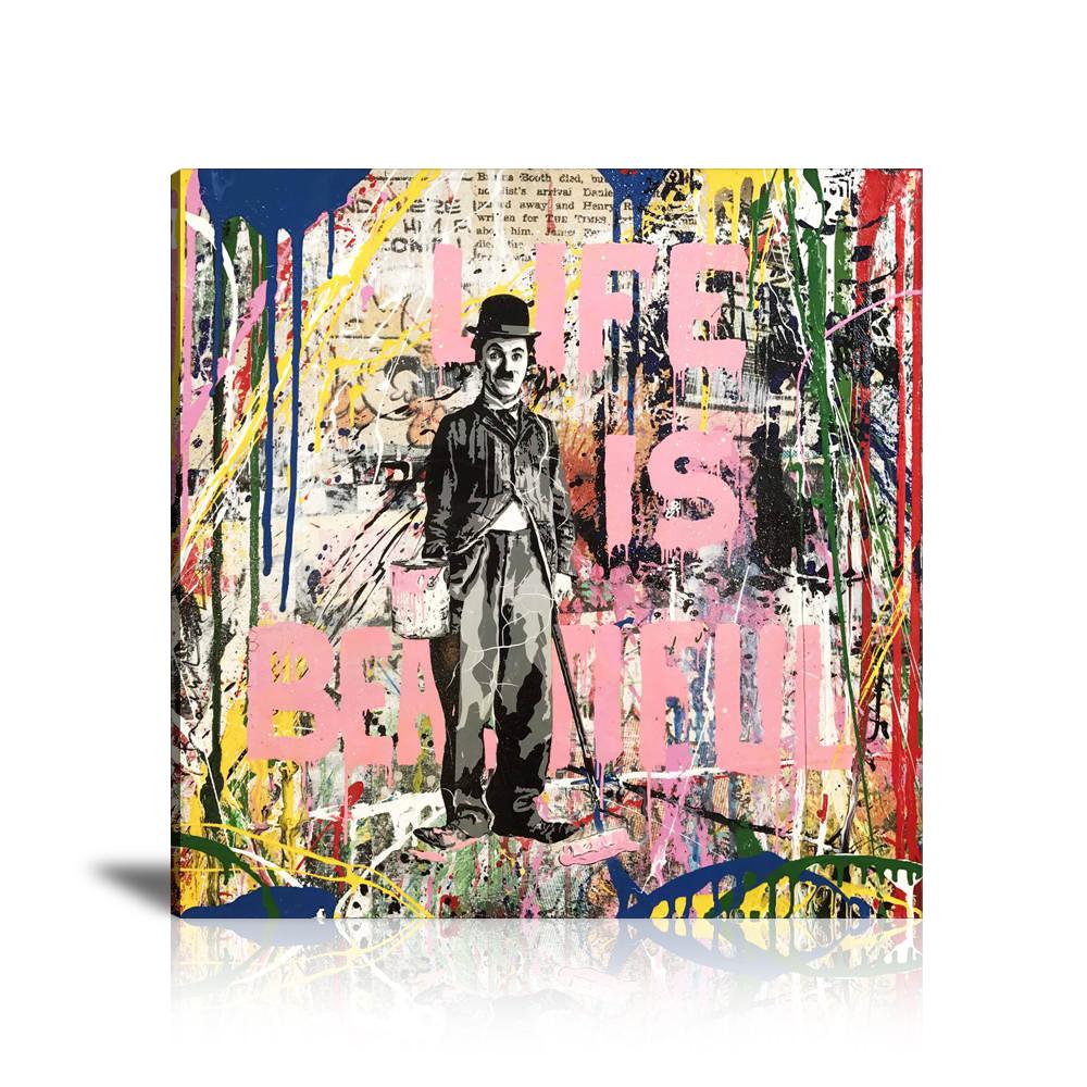 Charlie Chaplin Life Is Beautiful Wall Art: Large Colorful Graffiti Print or Framed Canvas Painting for Modern Living Rooms, Dining Rooms and Bedrooms