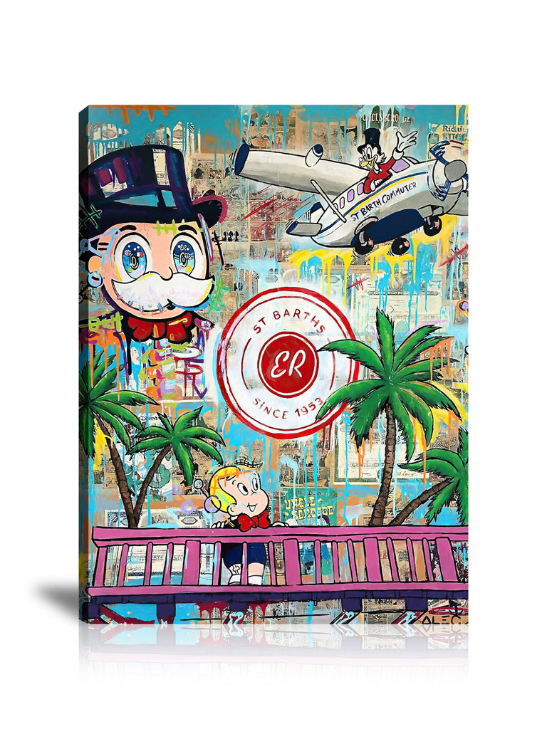 Street Art, Prints, Pop Art, Paintings, Canvas, Art, Alec Monopoly, Monopoly, Richie Rich, St Barths, Scrooge Mc Duck, Eden Rock, Comic, Private Jet, Travel