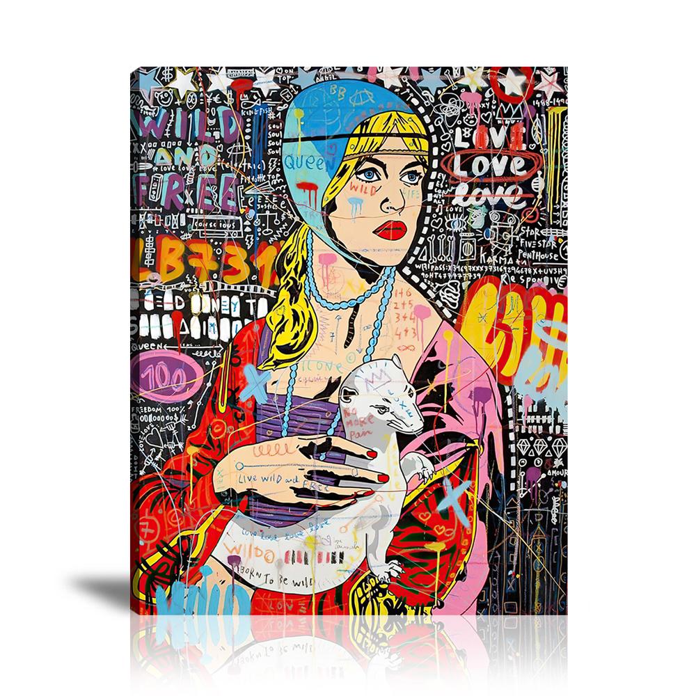 Street Art, Prints, Pop Art, Paintings, Canvas, Art, Jisbar, Lady, Ermine, Love, Masterpiece, Colorful, Portrait