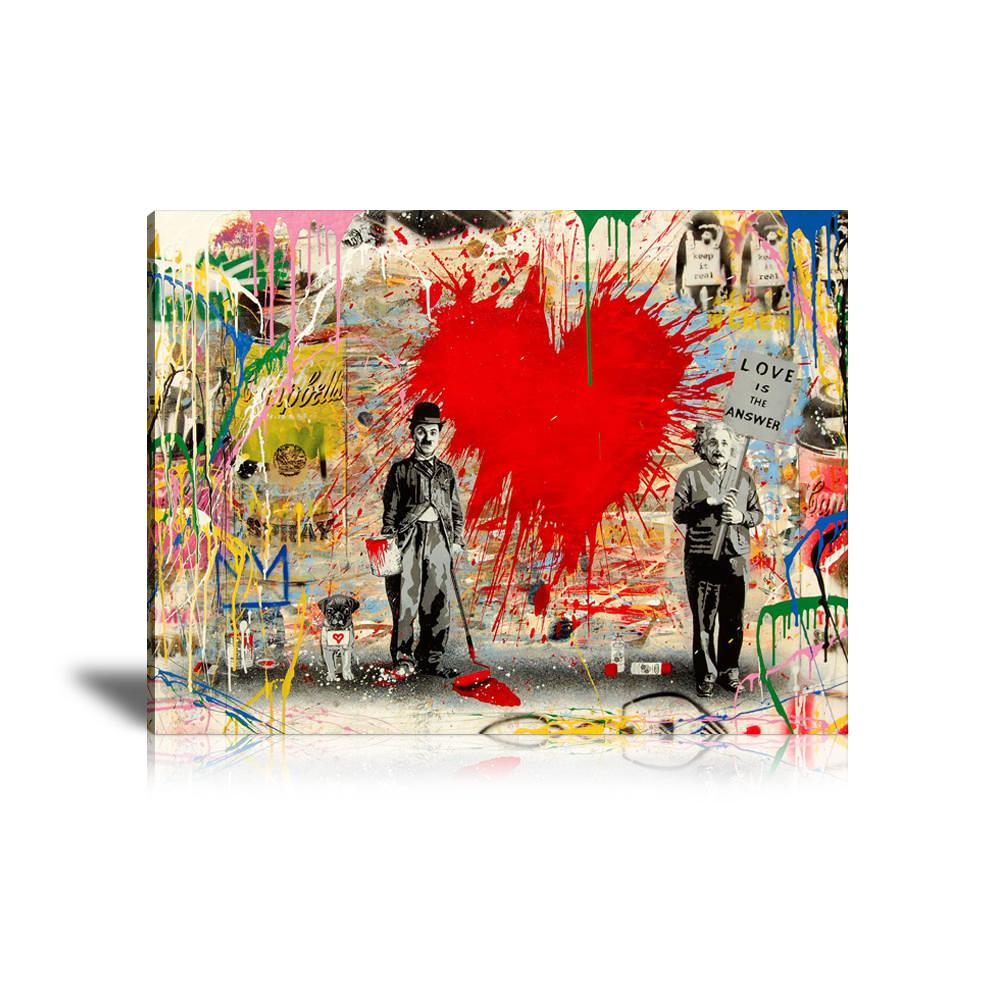 Charlie Chaplin & Albert Einstein Love Is The Answer Wall Art: Large Colorful Graffiti Print or Framed Canvas Painting for Modern Living Rooms, Dining Rooms and Bedrooms