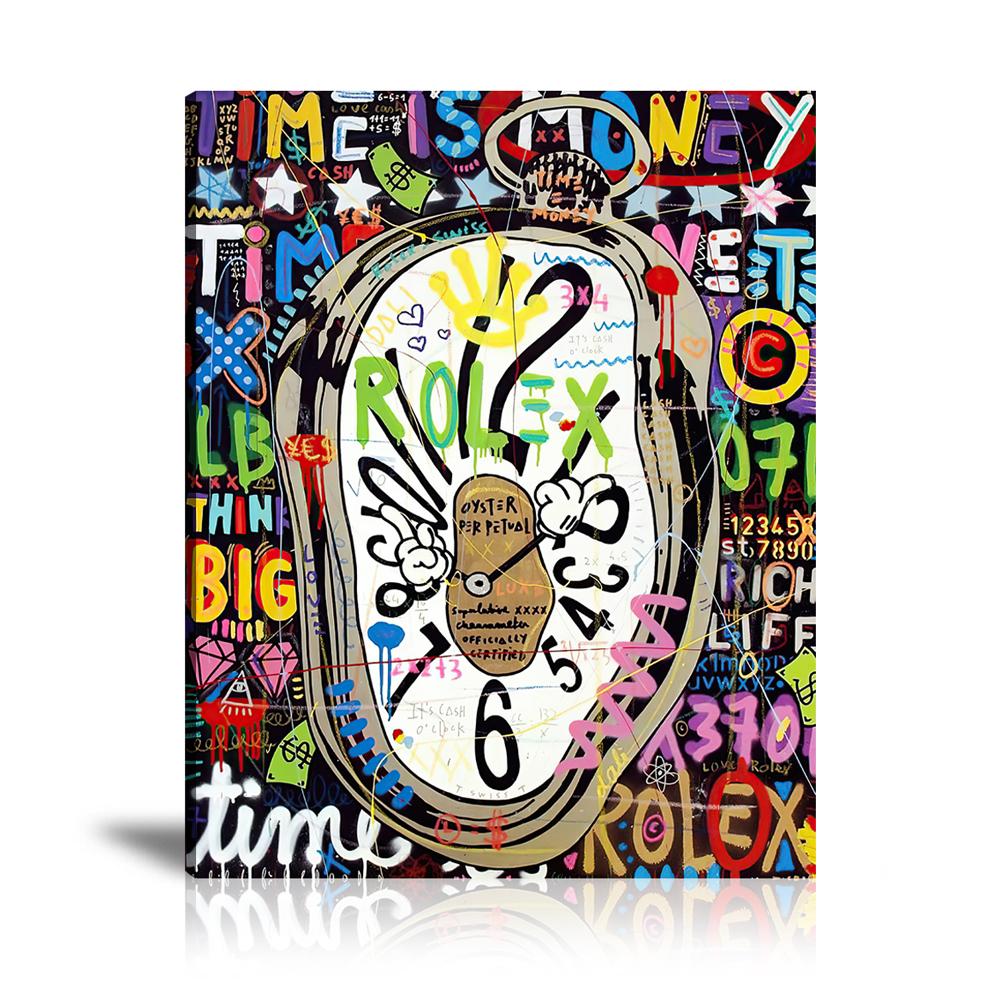 Time Is Money Rolex Wall Art: Large Colorful Graffiti Print or Framed Canvas Painting for Modern Living Rooms, Dining Rooms and Bedrooms