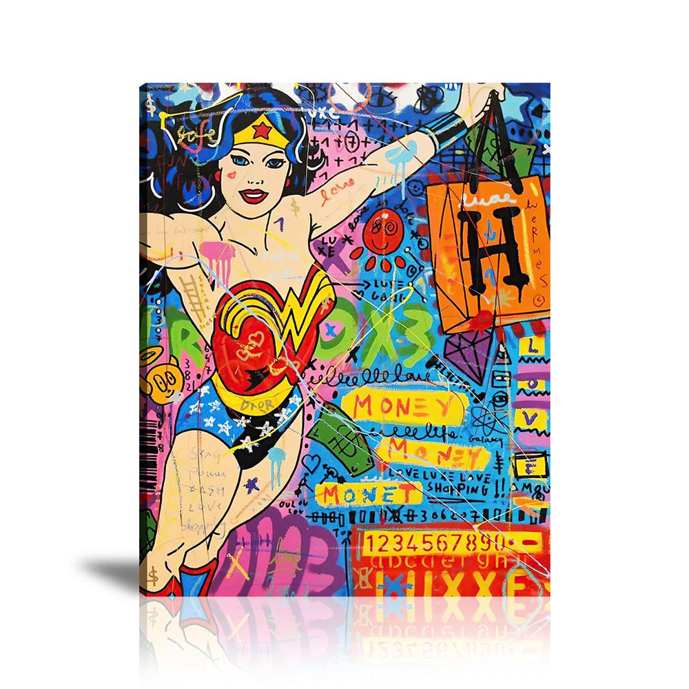 Street Art, Vertical, Prints, Pop Art, Paintings, Canvas, Art, Jisbar, Wonder Woman, Hermés, Luxury Brand, Money, Colorful, Artwork