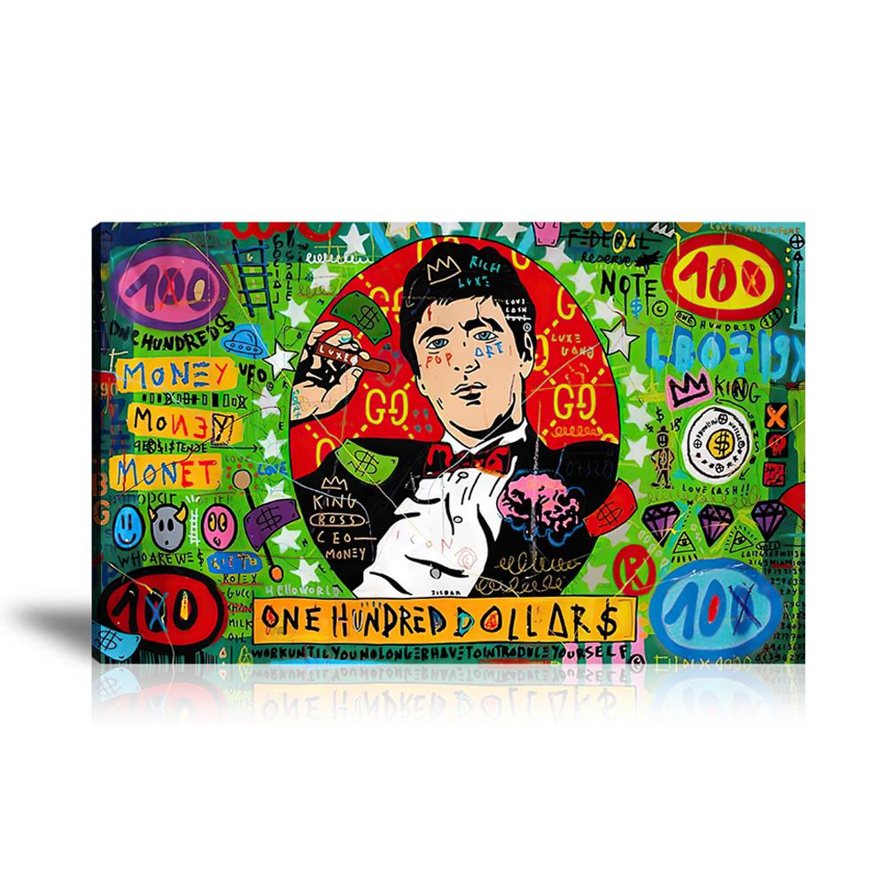 Street Art, Prints, Pop Art, Paintings, Canvas, Art, Jisbar, One Hundred Dollar, Scarface, Dollar, Cash, Diamond, King, Money