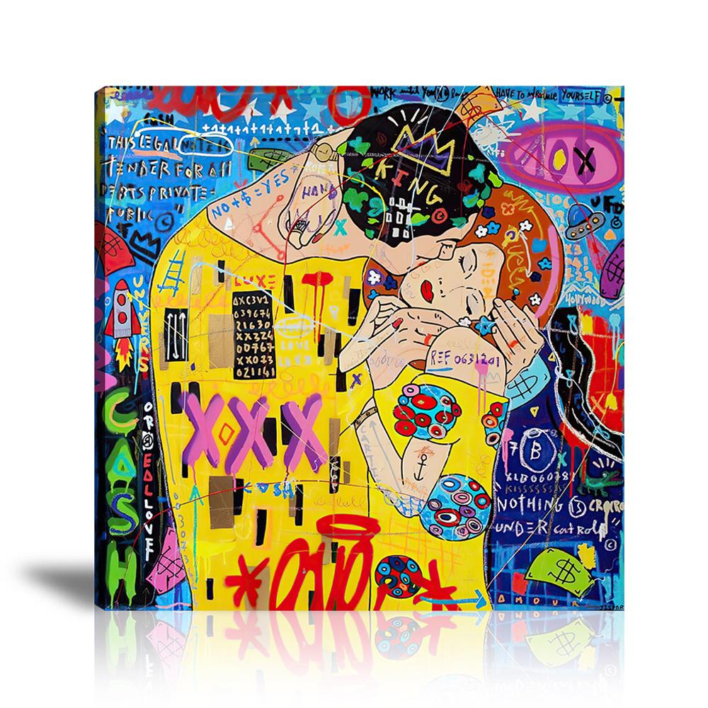 Street Art, Prints, Pop Art, Paintings, Canvas, Art, Jisbar,  The Kiss, Gustav Klimt, Masterpiece, Colorful, Cash, Dollar, King