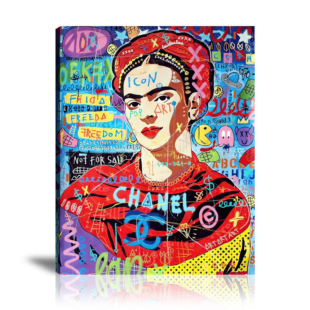 Red Chanel Frida Wall Art: Large Colorful Graffiti Print or Framed Canvas Painting for Modern Living Rooms, Dining Rooms and Bedrooms