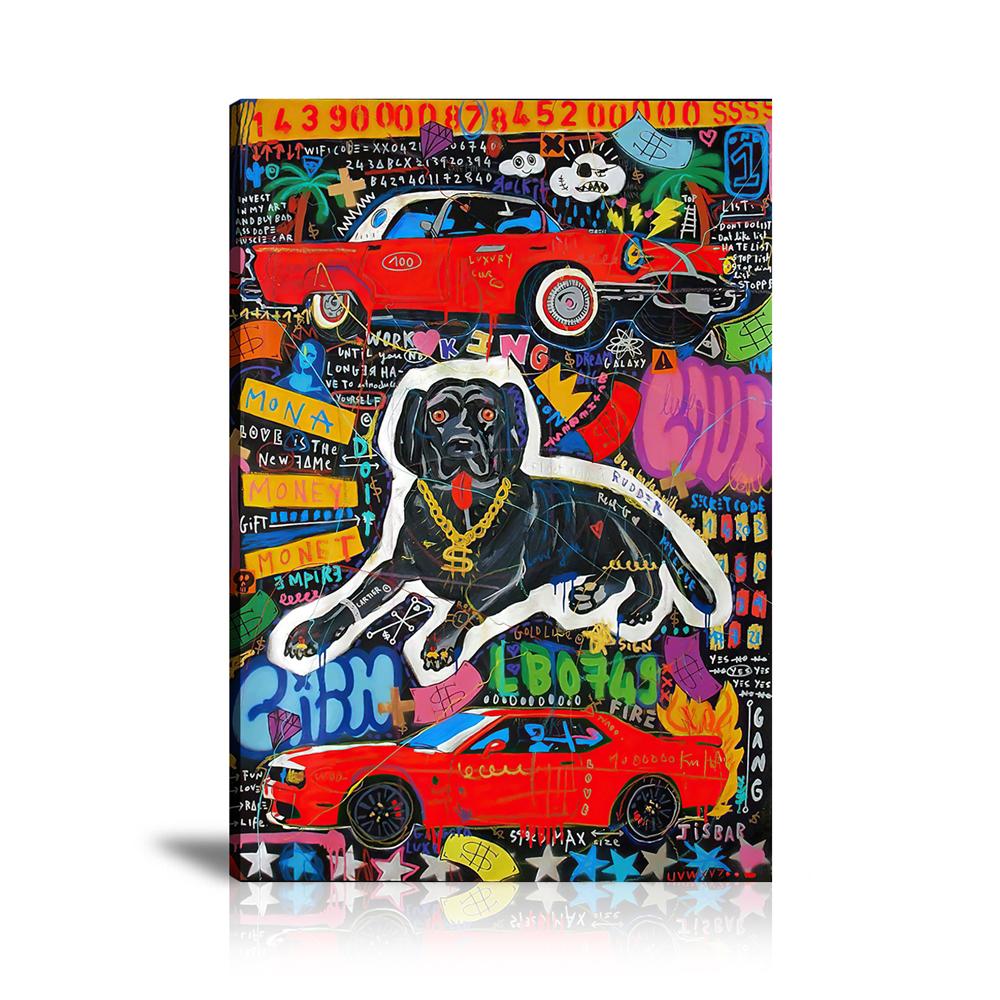 Dollar Dog Wall Art: Large Colorful Graffiti Print or Framed Canvas Painting for Modern Living Rooms, Dining Rooms and Bedrooms