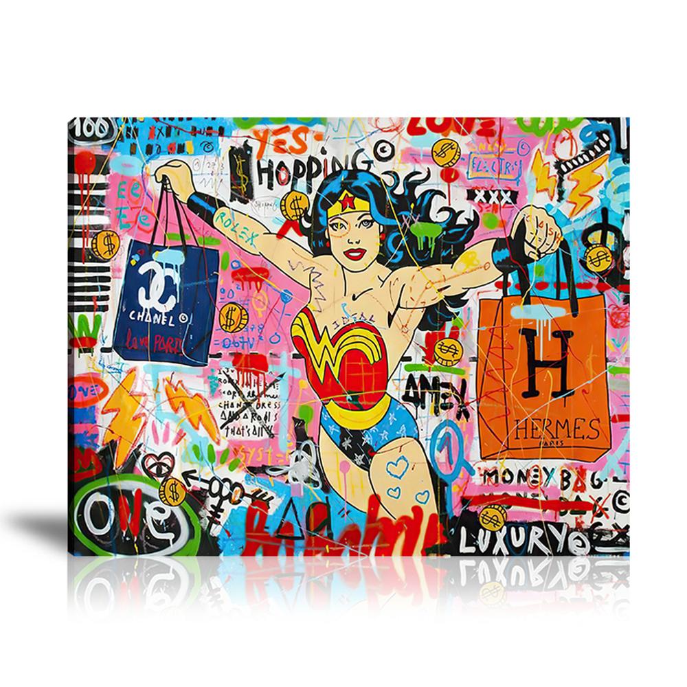 Street Art, Prints, Pop Art, Paintings, Landscape, Jisbar, Canvas, Art, Wonder Woman, Shopping, Hermés, Chanel, Luxury Brand, Money Bag, Hopping, Colorful, Artwork