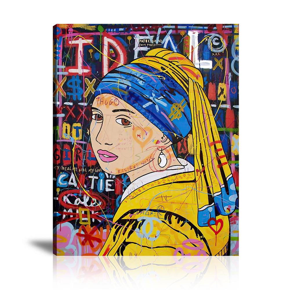 Girl With A Pearl Earring Wall Art: Large Colorful Graffiti Print or Framed Canvas Painting for Modern Living Rooms, Dining Rooms and Bedrooms