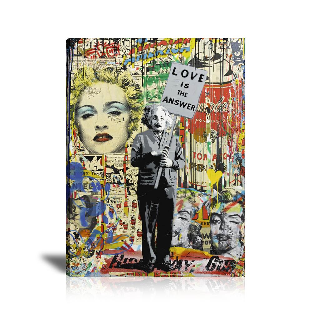 Madonna Einstein Love Is The Answer Wall Art: Large Colorful Graffiti Print or Framed Canvas Painting for Modern Living Rooms, Dining Rooms and Bedrooms