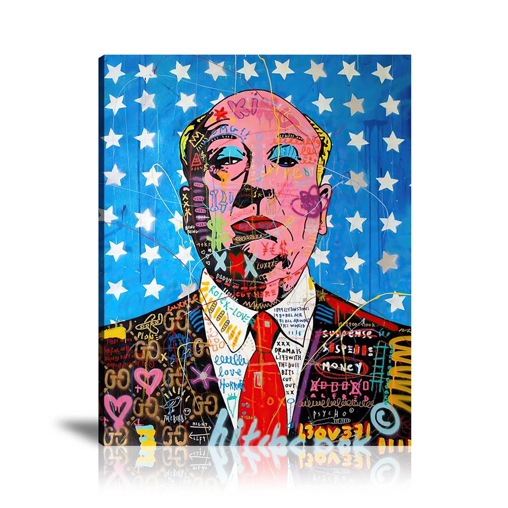 Alfred Hitchcock Wall Art: Large Colorful Graffiti Print or Framed Canvas Painting for Modern Living Rooms, Dining Rooms and Bedrooms