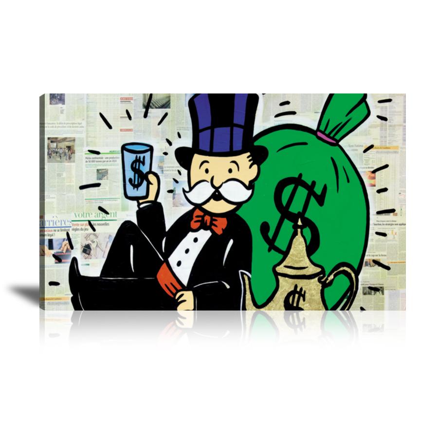 Aladdin, Cash Bag, Money Bag, Magic Lamp, Blue Cup, Newspaper, Spray Paint, Graffiti, Colorful, Street Art, Prints, Pop Art, Paintings, Canvas, Art, Alec Monopoly, Monopoly, Landscape