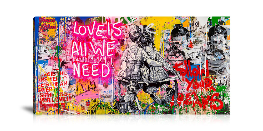 Love Is All We Need Wall Art: Large Colorful Graffiti Print or Framed Canvas Painting for Modern Living Rooms, Dining Rooms and Bedrooms