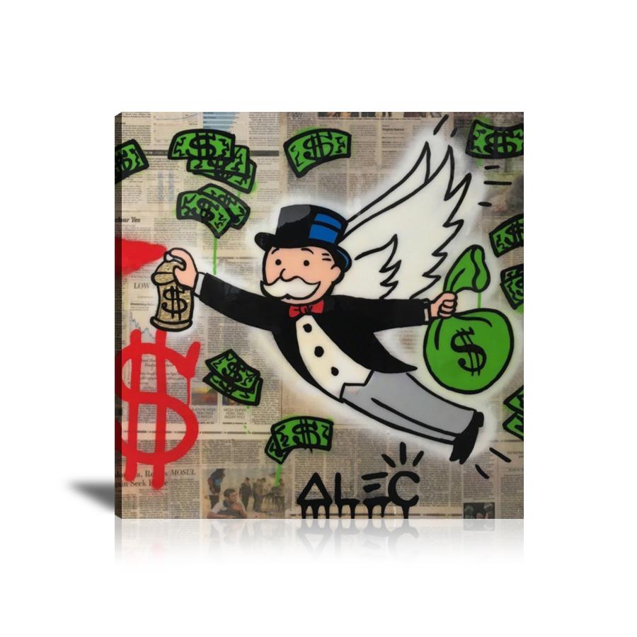 Dollar Sign, Spray Can, Angle Wings, Flying, Cash Bag, Money Bag, Newspapers, Spray Paint, Graffiti, Street Art, Prints, Pop Art, Paintings, Canvas, Art, Alec Monopoly, Square