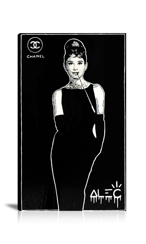 Street Art, Prints, Pop Art, Paintings, Canvas, Art, Alec Monopoly, Vertical, Andrey Hepburn, Chanel, Luxury Brand, Elegant, Black and White, Artwork