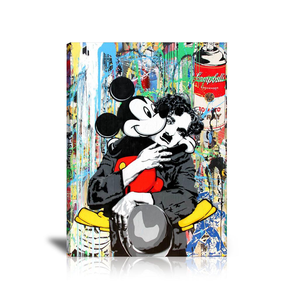 Charlie Chaplin & Mickey Mouse Wall Art: Large Colorful Graffiti Print or Framed Canvas Painting for Modern Living Rooms, Dining Rooms and Bedrooms