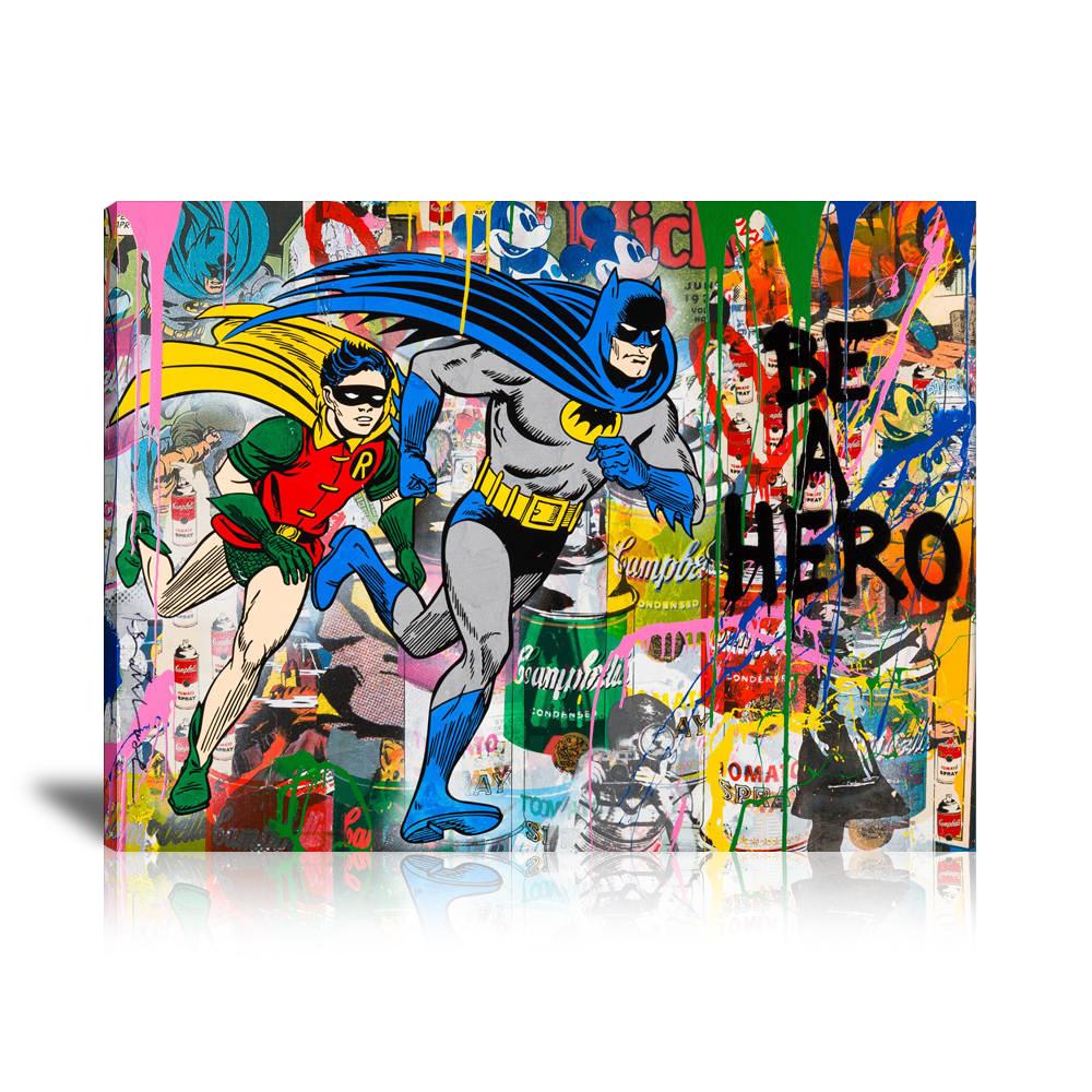 Batman & Robin Be A Hero Wall Art: Large Colorful Graffiti Print or Framed Canvas Painting for Modern Living Rooms, Dining Rooms and Bedrooms