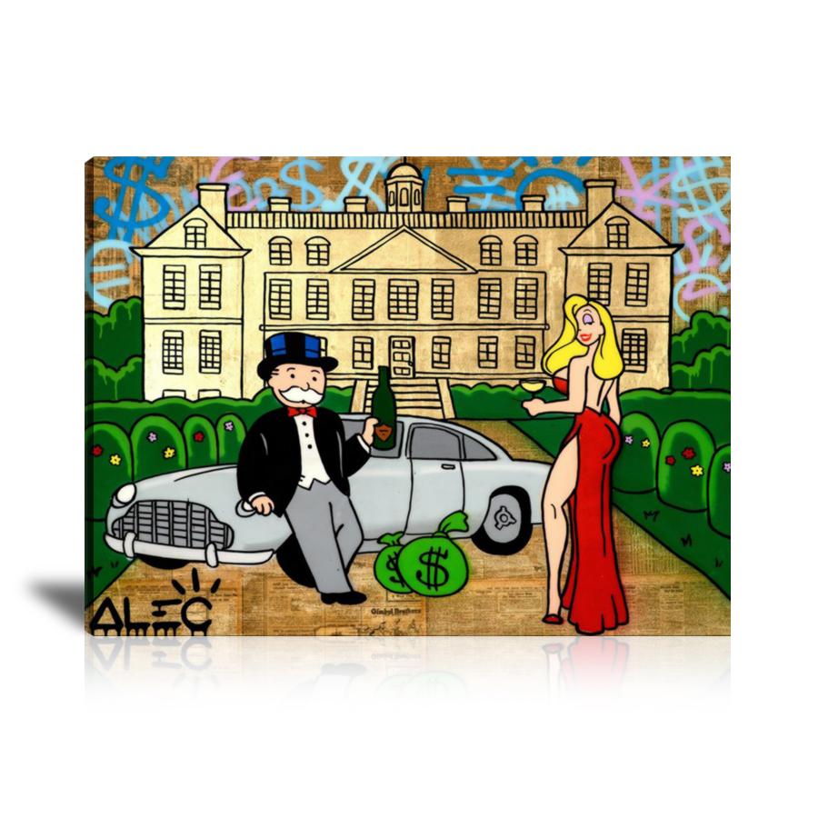 Villa, Jessica Rabbit, Champagne, Cash Bag, Money Bag, Aston Martin, Newspaper, Graffiti, Spray Paint, Street Art, Prints, Pop Art, Paintings, Canvas, Art, Alec Monopoly, Landscape