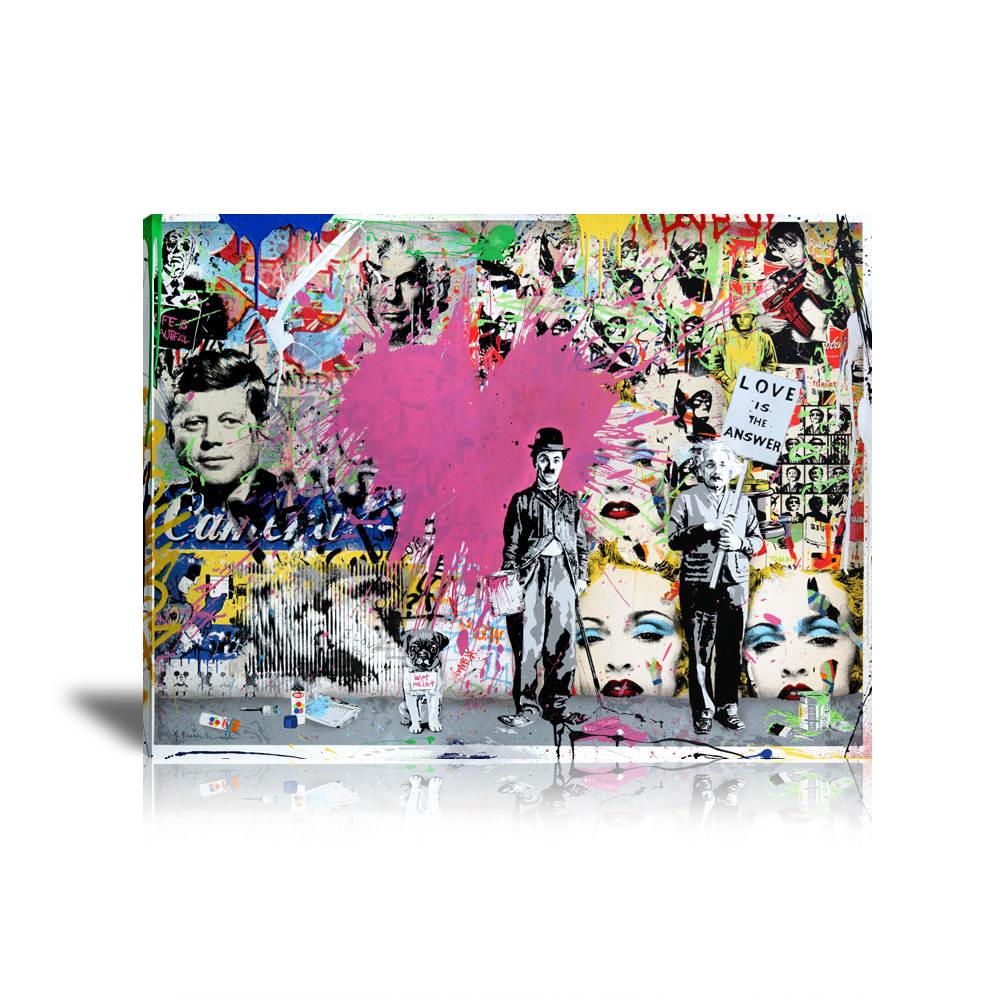 Einstein x Chaplin Love Is The Answer Wall Art: Large Colorful Graffiti Print or Framed Canvas Painting for Modern Living Rooms, Dining Rooms and Bedrooms