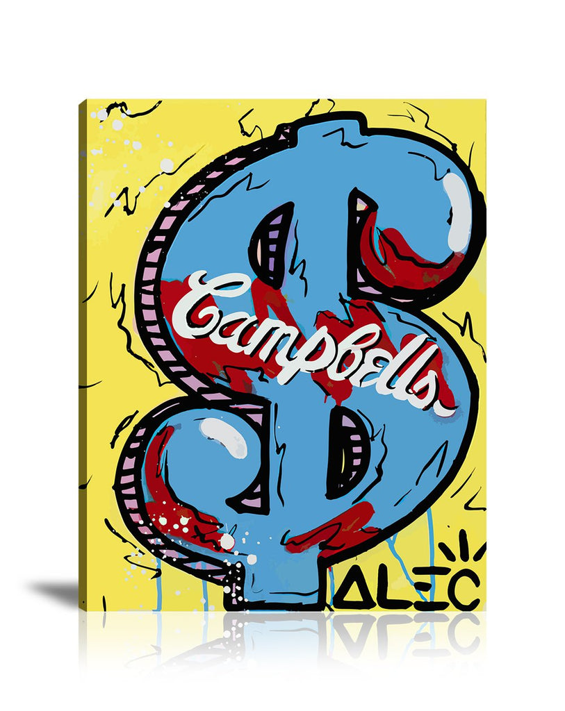 Street Art, Prints, Pop Art, Paintings, Canvas, Art, Alec Monopoly, Dollar, Sign, Money, Campbell's, Soup, Spray, Blue