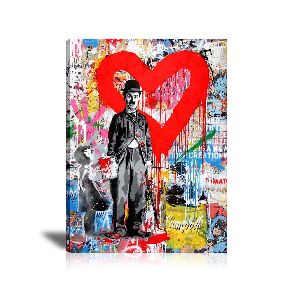 Charlie Chaplin Red Heart Wall Art: Large Colorful Graffiti Print or Framed Canvas Painting for Modern Living Rooms, Dining Rooms and Bedrooms