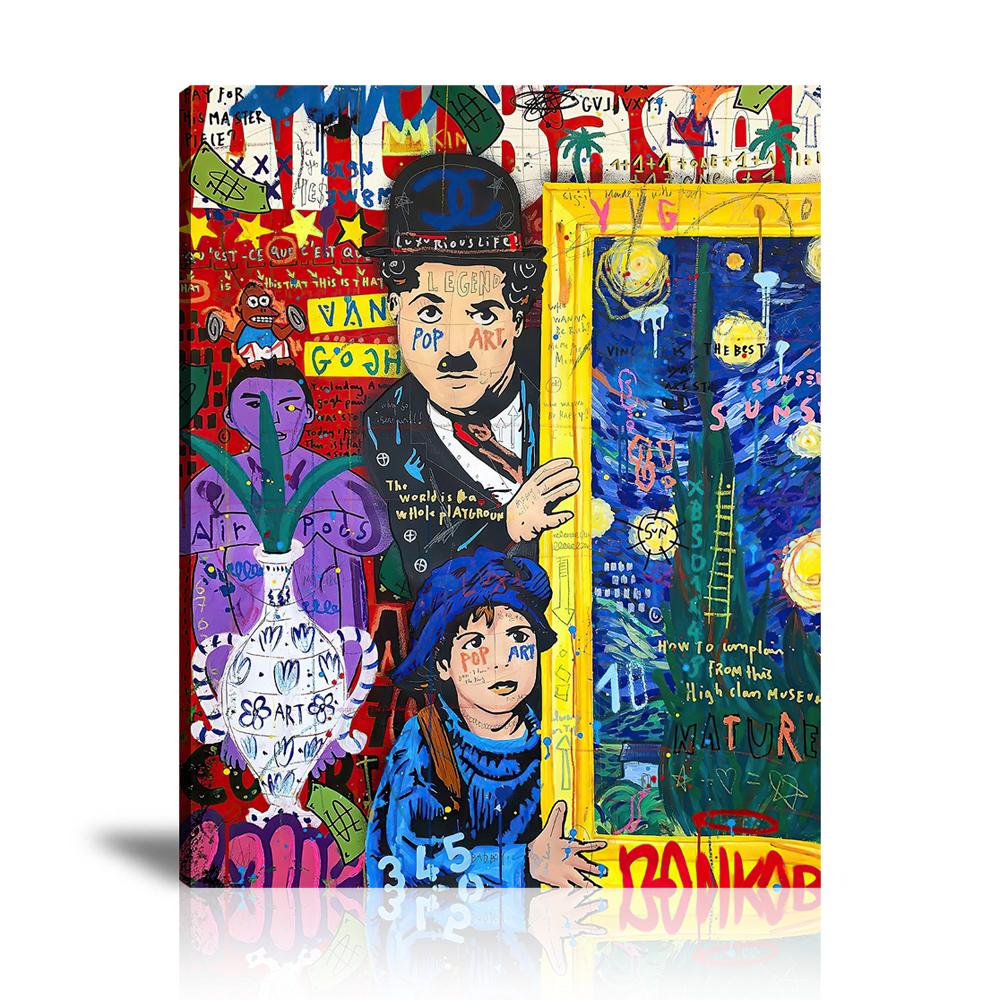 Chaplin At The Movie Theater Wall Art: Large Colorful Graffiti Print or Framed Canvas Painting for Modern Living Rooms, Dining Rooms and Bedrooms