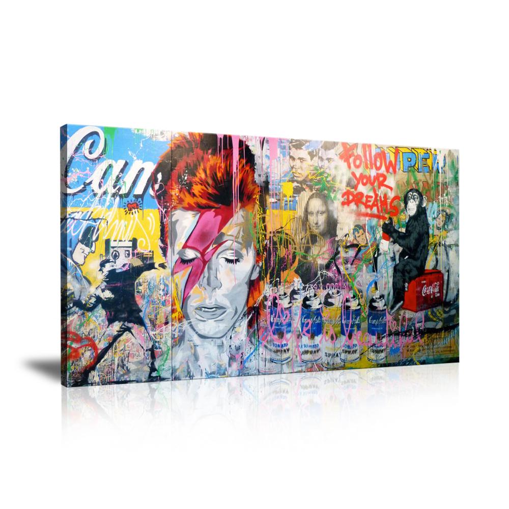 David Bowie Wall Art : Large Colorful Graffiti Print or Framed Canvas Artwork for Modern Living Room, Dining Room and Bedroom