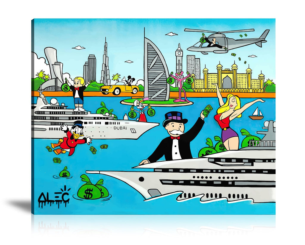 Street Art, Prints, Pop Art, Paintings, Canvas, Art, Alec Monopoly, Landscape, Scrooge, Monopoly, Pink Panther, Dubai, Marina, Yachting, Travel, Artwork, Colorful, Money Bag