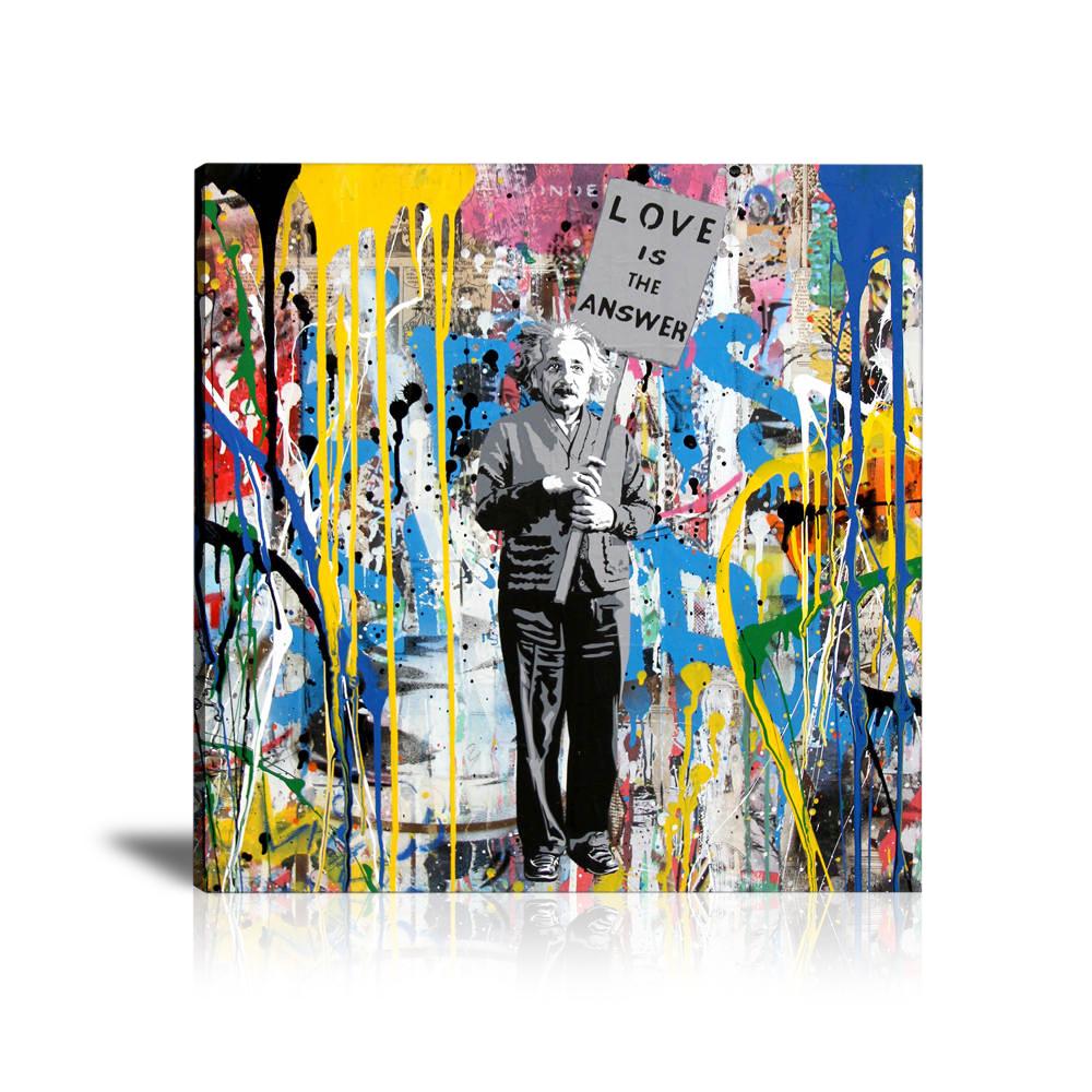 Einstein, Love is the Answer, Campbell’s, Spray, Newspaper, Collage Art, Colorful, Spray, Graffiti, Street Art, Prints, Pop Art, Paintings, Mr. Brainwash, Canvas, Square