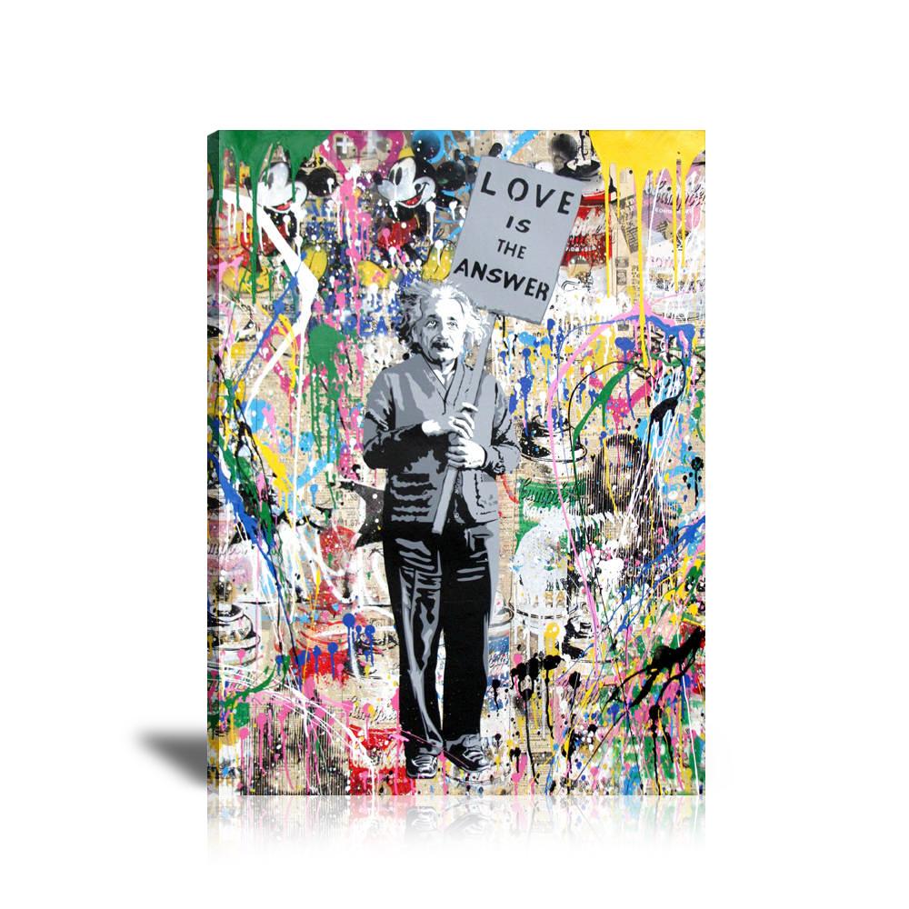 Love Is The Answer Albert Einstein Wall Art: Large Colorful Graffiti Print or Framed Canvas Painting for Modern Living Rooms, Dining Rooms and Bedrooms