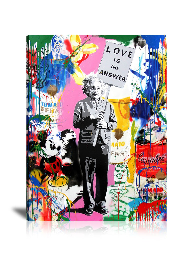 Banksy Einstein Love Is The Answer Wall Art: Large Colorful Graffiti Print or Framed Canvas Painting for Modern Living Rooms, Dining Rooms and Bedrooms