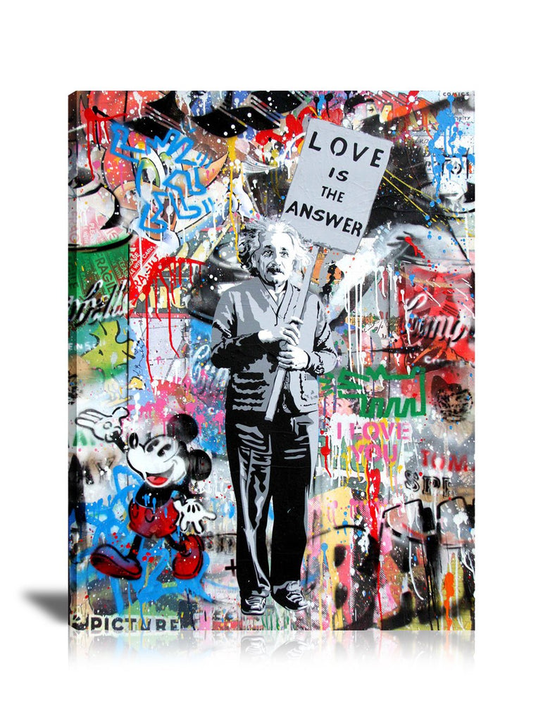 Einstein Mickey Love Is The Answer Wall Art: Large Colorful Graffiti Print or Framed Canvas Painting for Modern Living Rooms, Dining Rooms and Bedrooms