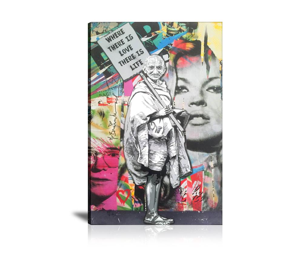 Gandhi Love Wall Art: Large Colorful Graffiti Print or Framed Canvas Painting for Modern Living Rooms, Dining Rooms and Bedrooms