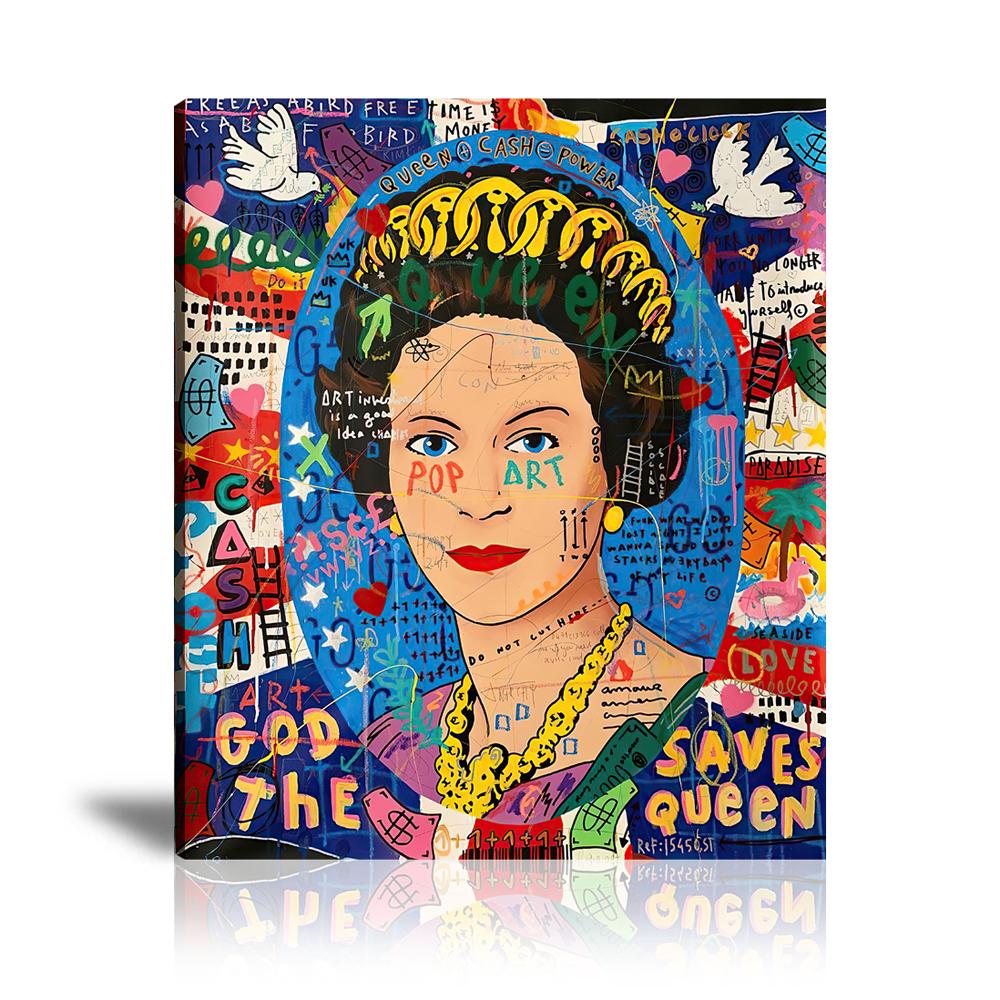 God Saves The Queen Wall Art: Large Colorful Graffiti Print or Framed Canvas Painting for Modern Living Rooms, Dining Rooms and Bedrooms