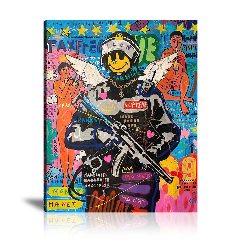 Cops Angel Wall Art: Large Colorful Graffiti Print or Framed Canvas Painting for Modern Living Rooms, Dining Rooms and Bedrooms