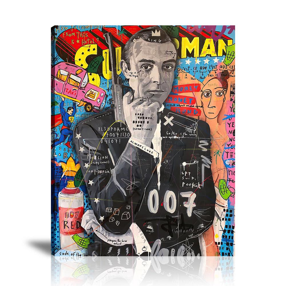 Hollywood 007 Wall Art: Large Colorful Graffiti Print or Framed Canvas Painting for Modern Living Rooms, Dining Rooms and Bedrooms