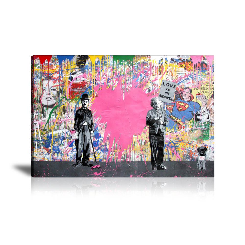 Einstein & Chaplin Love Is The Answer Wall Art: Large Colorful Graffiti Print or Framed Canvas Painting for Modern Living Rooms, Dining Rooms and Bedrooms