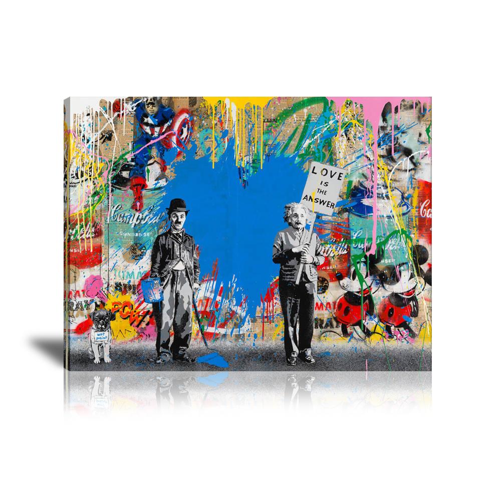 Juxtapose, Charlie Chaplin, Love is the Answer, Einstein, Mickey Mouse, Campbell’s, Spray, Captain America, Polaroid Boy, Blue Heart, Graffiti, Collage Art, Colorful, Paint Drop, Street Art, Prints, Pop Art, Paintings, Mr. Brainwash, Canvas